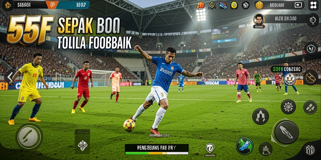 Screenshot utama 555F menampilkan aksi permainan sepak bola yang seru.