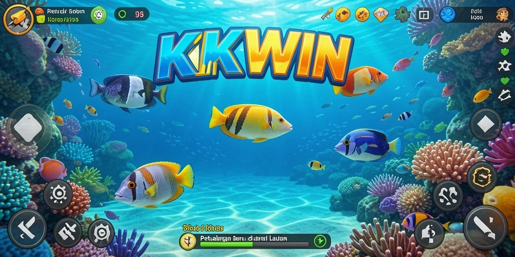Gameplay seru dalam KKWIN saat menembak ikan berwarna-warni.