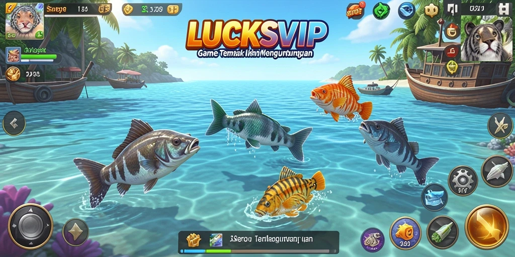 Tampilan gameplay seru dengan berbagai ikan dan tantangan menembak.