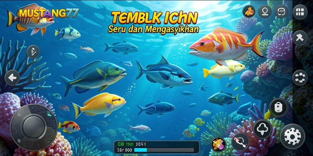 Gameplay seru dalam MUSTANG77, menembak ikan dengan grafis indah.