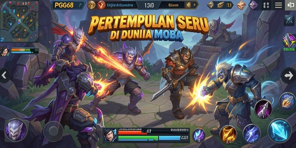 Tangkapan layar gameplay PGG68 dengan pertarungan MOBA yang intens.