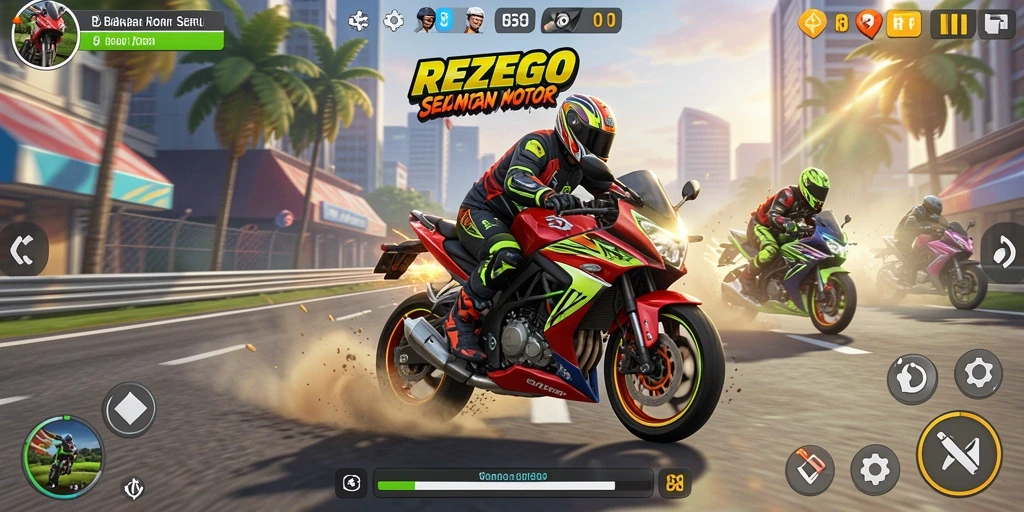 Tangkapan layar gameplay <strong>REZEGO</strong> yang menunjukkan balapan motor seru dan grafis menakjubkan.