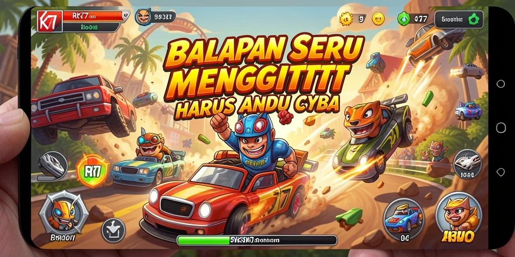 Screenshot gameplay RK77 yang menunjukkan aksi balapan seru.