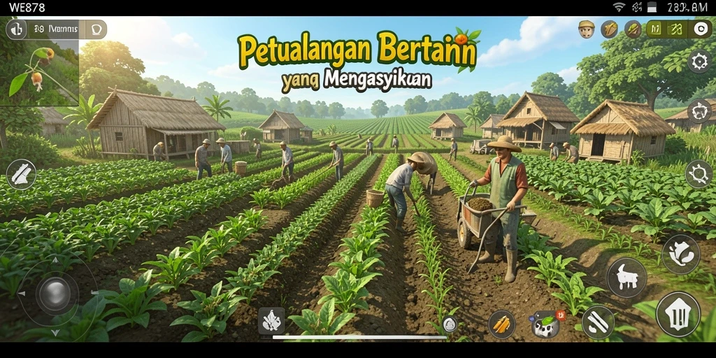 Tampilan gameplay WE878 yang menampilkan pertanian yang subur dan interaksi pemain.